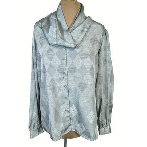 Vintage Gailord Womens Size 16 Silver Button-Up Blouse  Cowl Neck & Geometric Pa